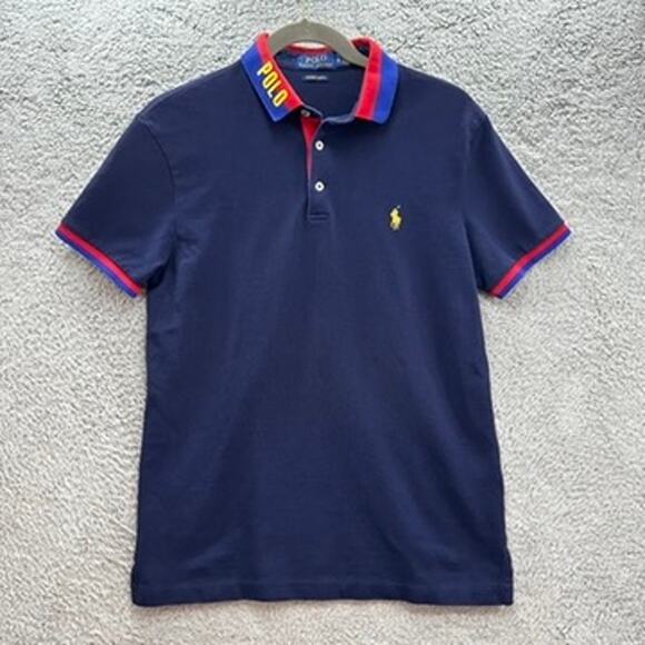 Polo Ralph Lauren Men's Medium Slim Fit Blue Polo Yellow Pony Colorful Collar 99 - Picture 1 of 9